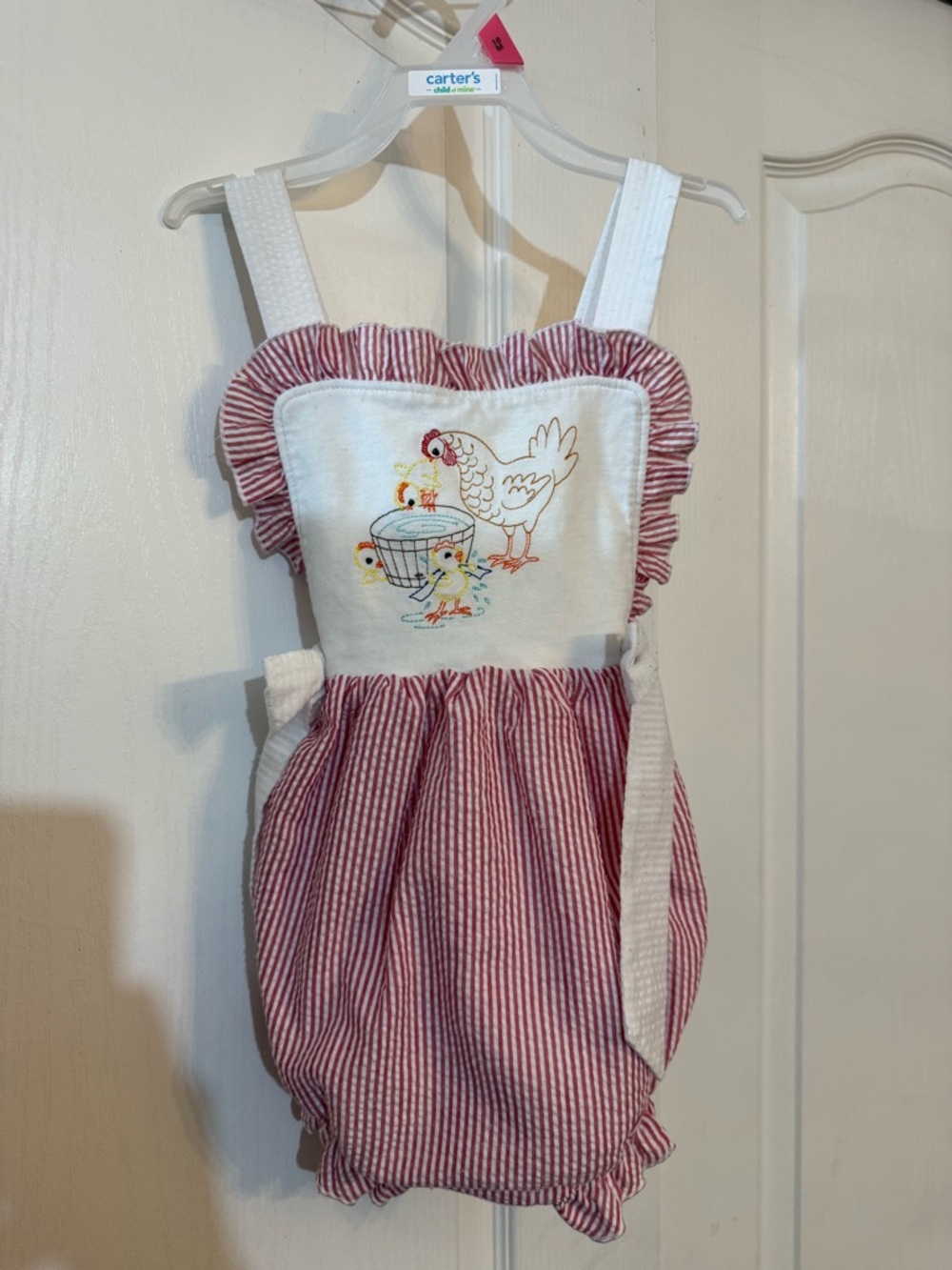Red & White Striped Girls' Romper with Hen & Chicks Embroidery